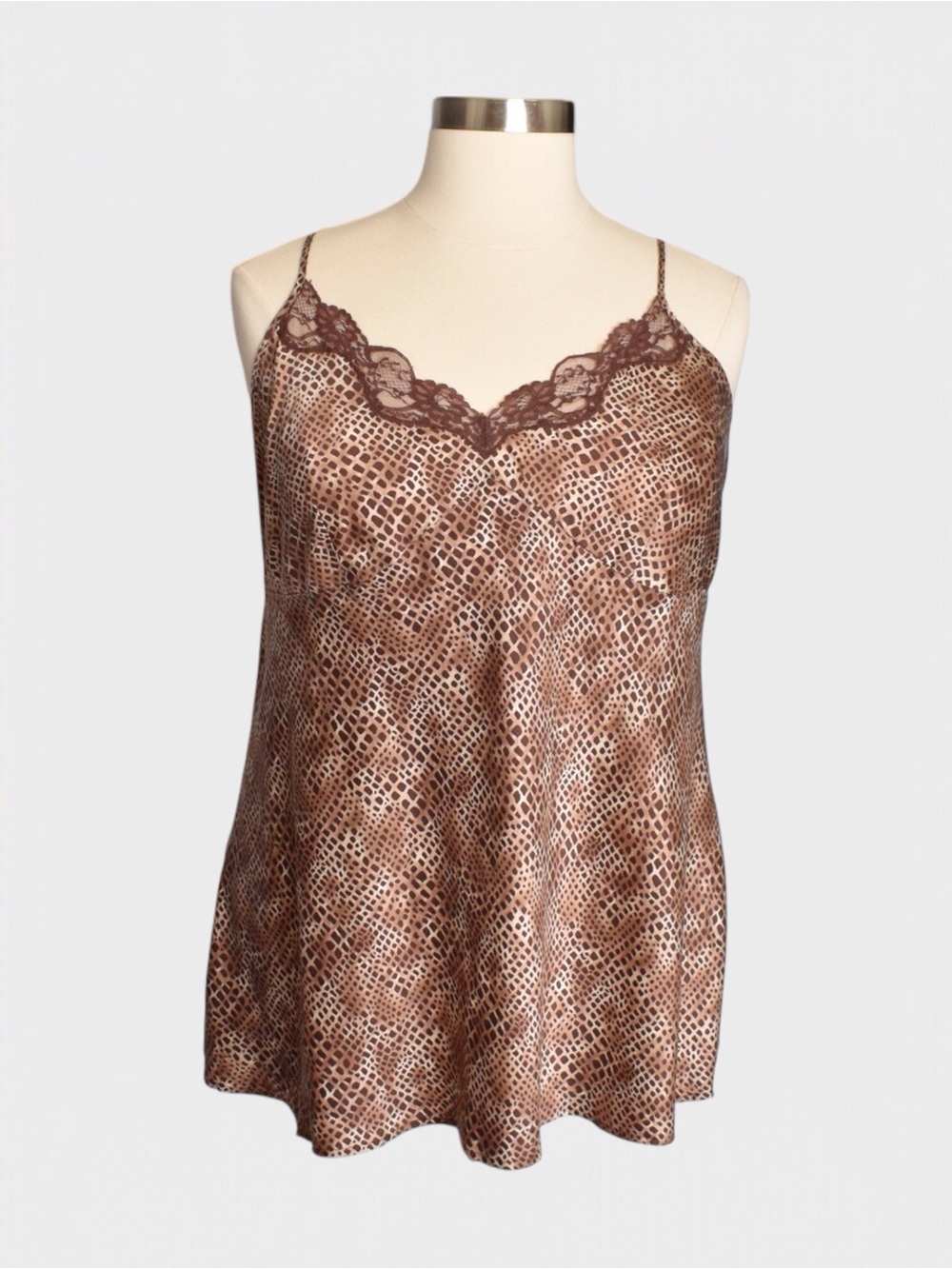 Cacique 100% Silk Animal Print Lace Trim Cami Lingerie Top